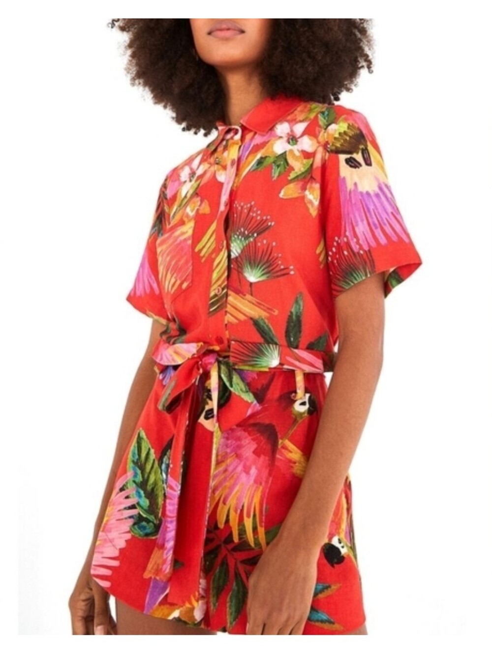 FARM RIO Romper Red Macaw Women's S Floral Tropical Groover Playsuit Linen Blend